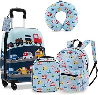GYMAX 5Pcs Kids Luggage Set, 13\" Backpack & 16\" Children Hardshell Suitcase with Wheels, Neck Pillow, Insulated Lunch Bag & Name Tag, Toddler Carry On Luggage Set for Travel School (Blue)