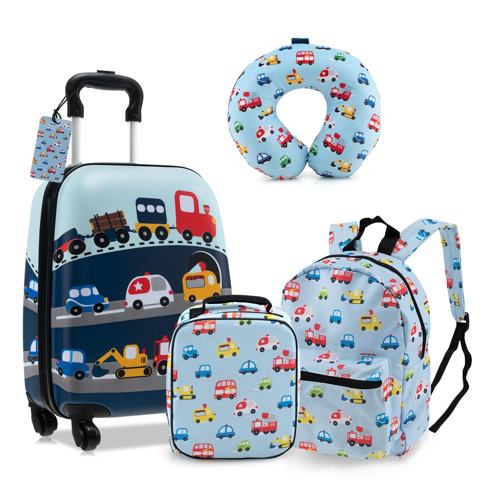 GOPLUS Valise Enfant 5 Pièces, Bagage à Main Rigide de 38cm, Sac à Dos de 33cm, Oreiller Cervical, Sac à Déjeuner Isolé, 3 Hauteur Réglable, Bagage à roulettes pour Garçon Fille 3+ Ans (Bleu)