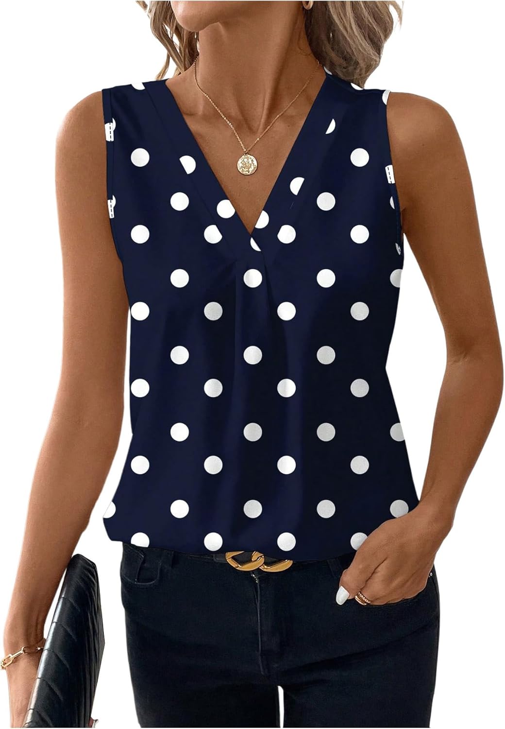SOLY HUX Women's Casual Polka Dots Tank Tops Summer V Neck Sleeveless Tunic Shirts Office Work Blouse