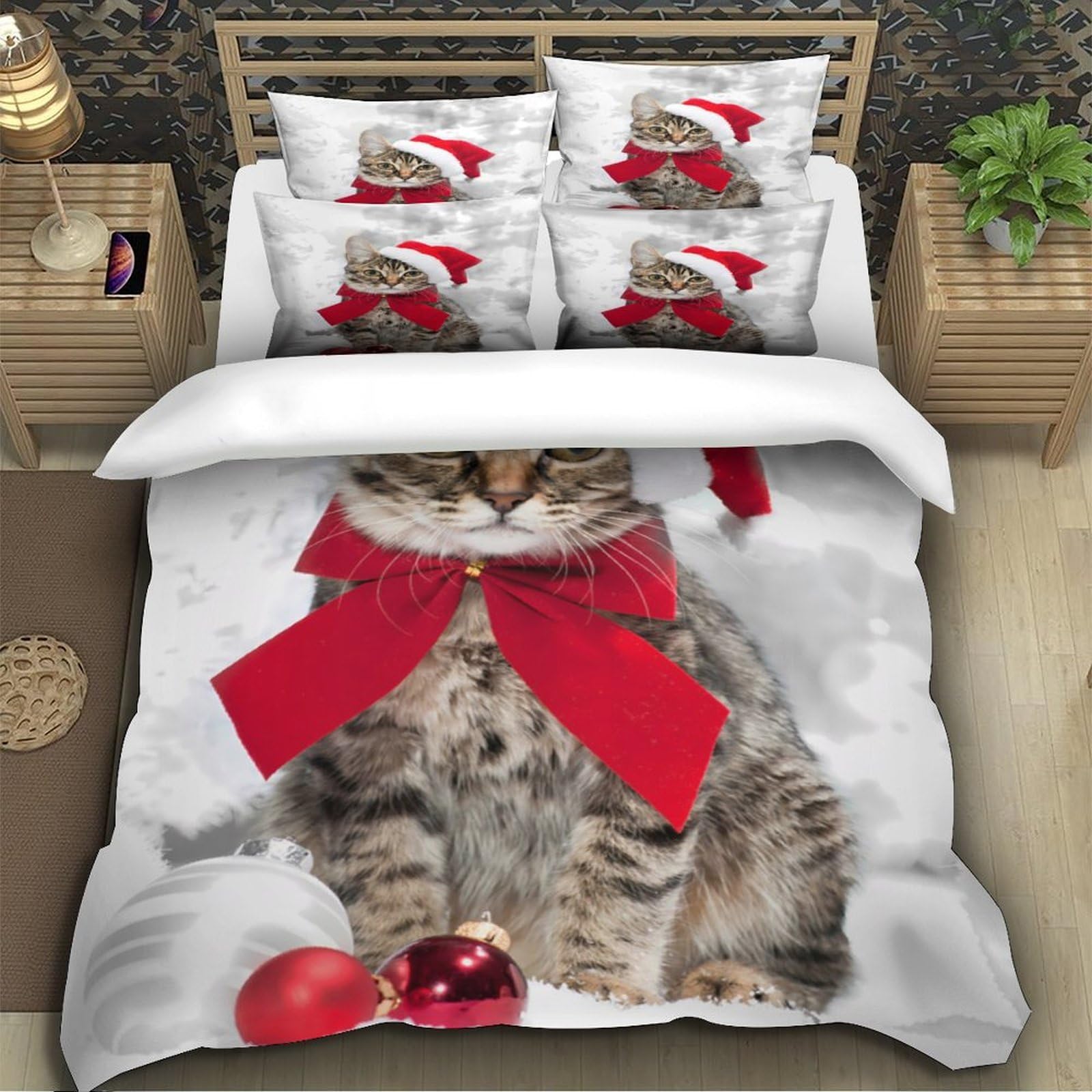 Stampa 3D Christmas cat Copertura per letto Microfibra Biancheria per letto Con federa Traspirante furry festive decor Fodera copriletto Leggero per giovani coppie coinquilini Super king（260x220cm）