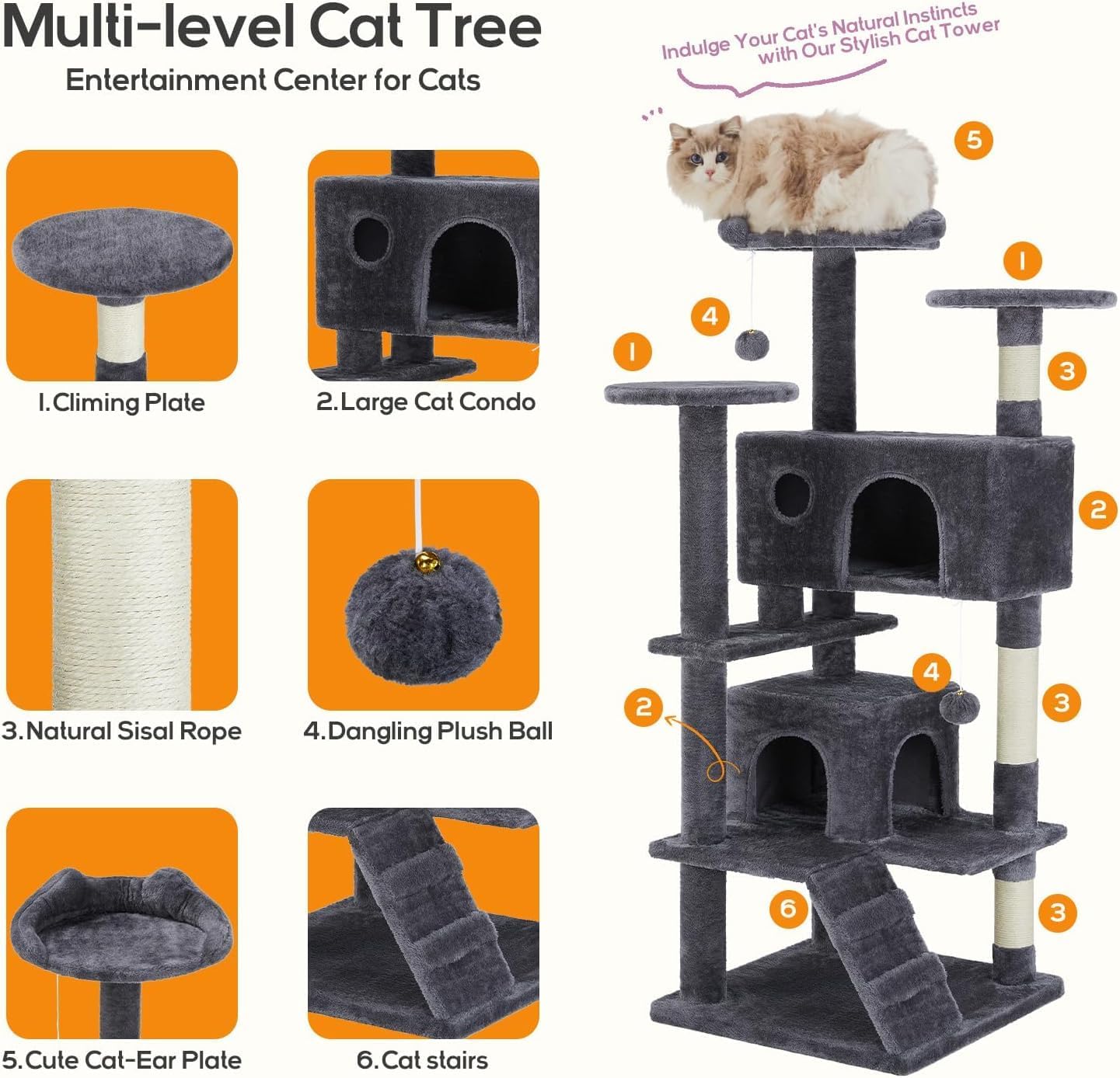 54 Inches Cat Tree Tower, Cat Tree Tower Condo with Scratching Post for Cats House Play, Multi-Level Furniture Activity Center for Pet, Detachable Cat Tower, Dark Gray