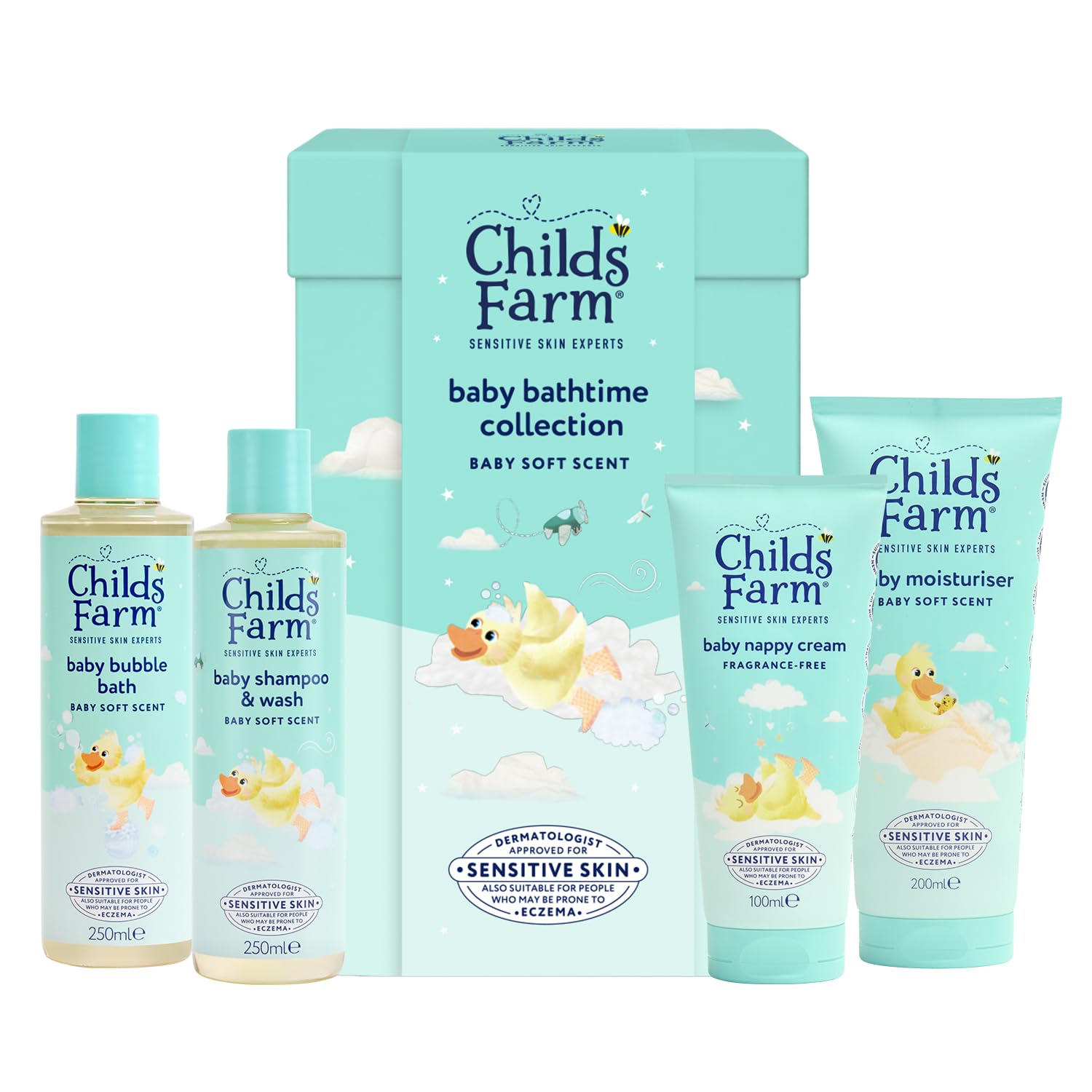 Childs Farm Baby Collection Gift | New Baby Gift, | Baby Bubble Bath (250ml), Shampoo & Body Wash (250ml), Moisturiser (200ml) & Nappy Cream (100ml) | Suitable for Newborns with Sensitive Skin