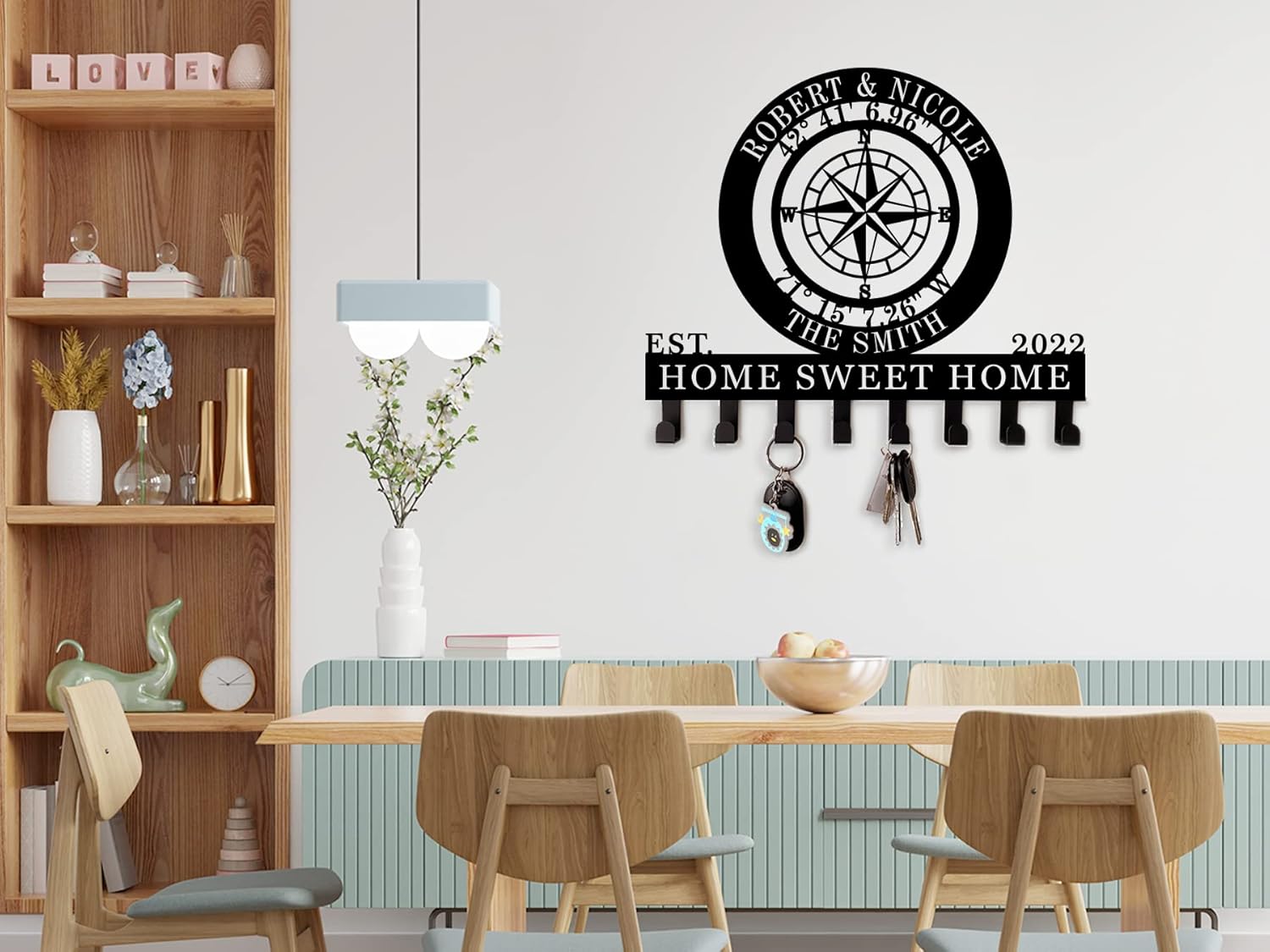 Key Holder for Wall with Nautical Compass GPS Coordinates, Key Hanger Decor for Kitchen, Entryway, Hallway, Office, Doorway Housewarming Gifts New Home