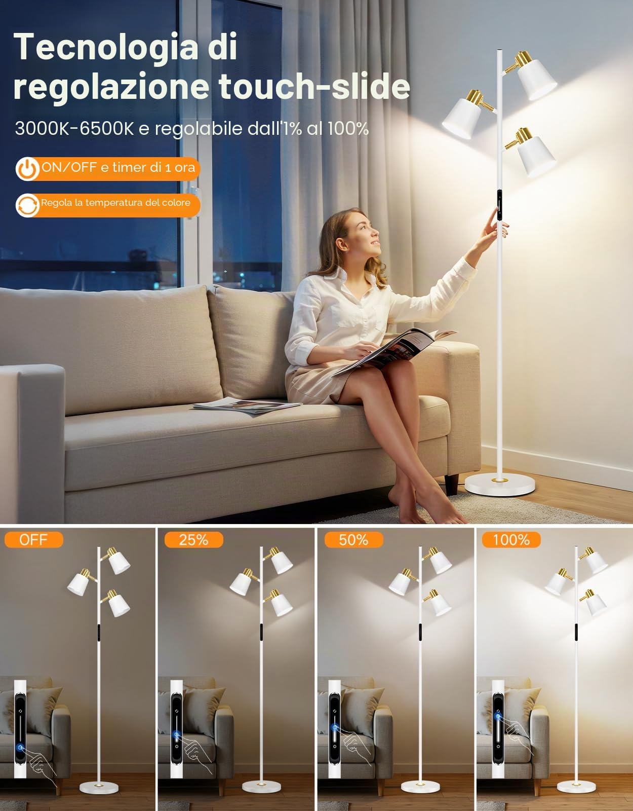 OUTON Lampada da Terra LED Dimmerabile con Telecomando e Controllo, Bianco | Touch, 36W 2700LM, 4 Temperature di Colore, 3 Luci Rotanti, Lampade da Terra moderna per Soggiorno, Camera da Letto, Ufficio
