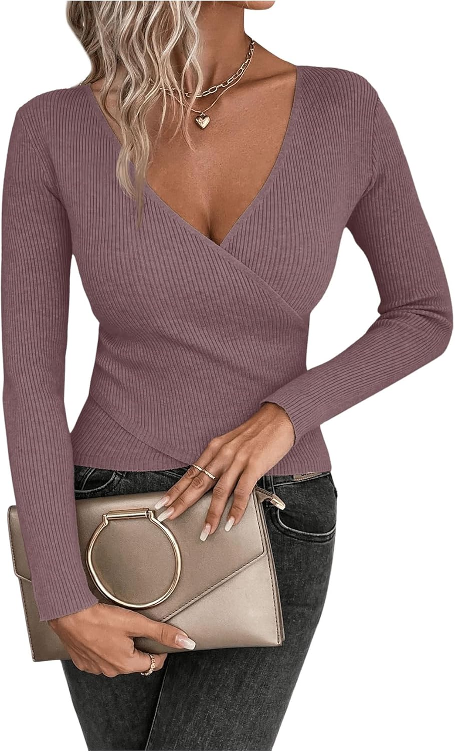 SOLY HUX Sweaters for Women V Neck Criss Cross Wrap Front Long Sleeve Sweater Knit Pullover Fall Tops
