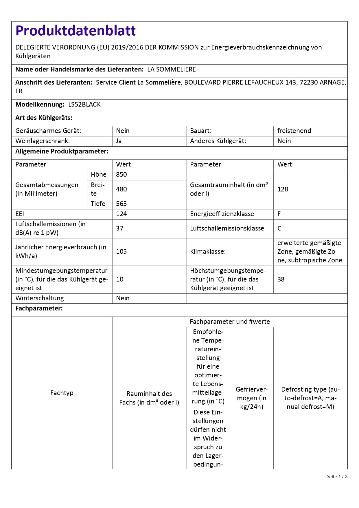 LA SOMMELIERE LS52BLACK Cave de mise à température 52 Bouteilles