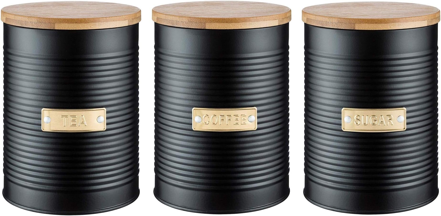 Otto Tea, Coffee and Sugar Storage Canister with Bamboo Lid, Set of 3, Black, 1 Litre