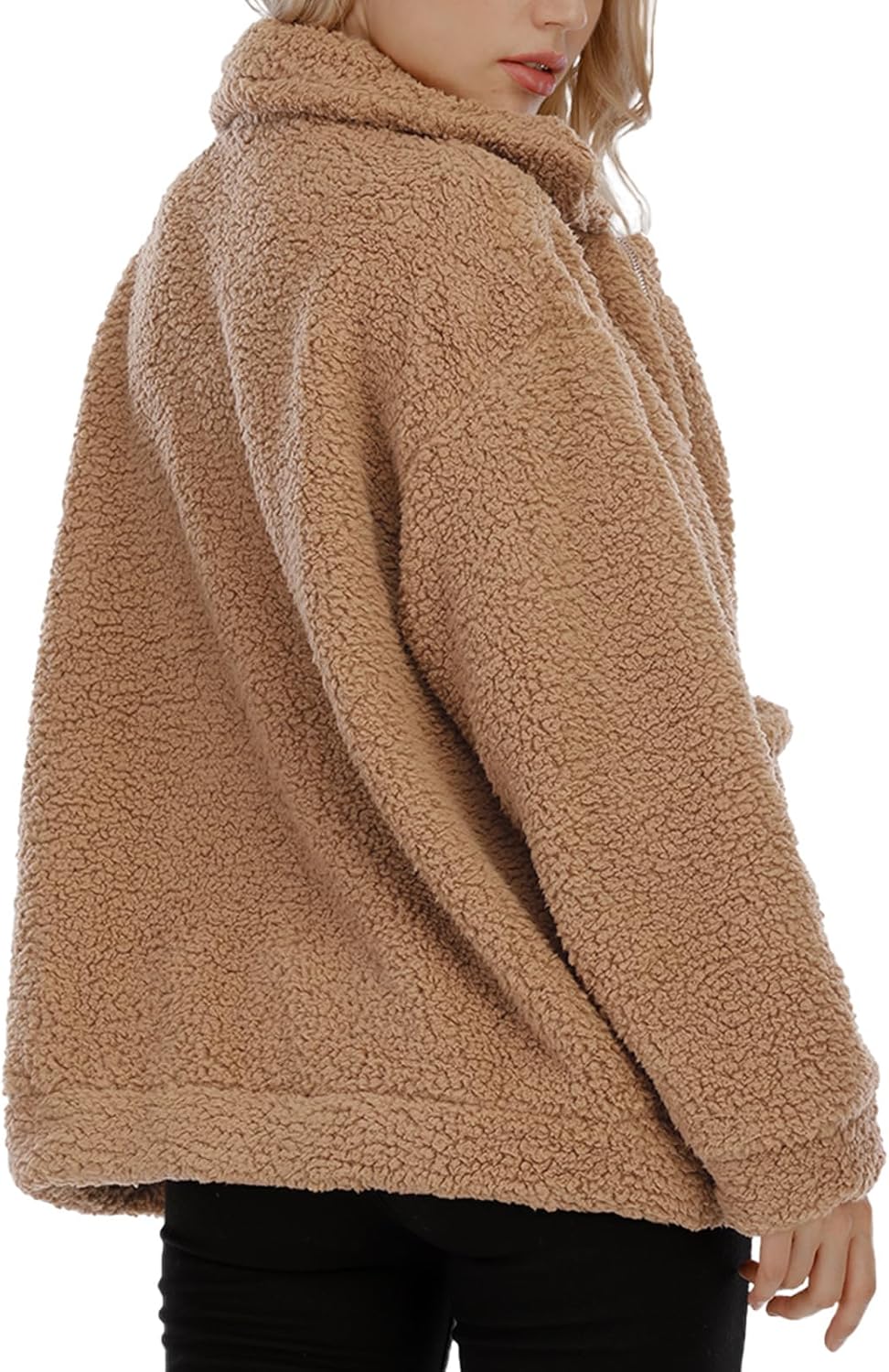 Women's Fuzzy Fleece Faux Shearling Coat, Winter Warm Oversized Jacket with Lapel Collar, Casual Zipper Outwear for Daily Use - Image 2