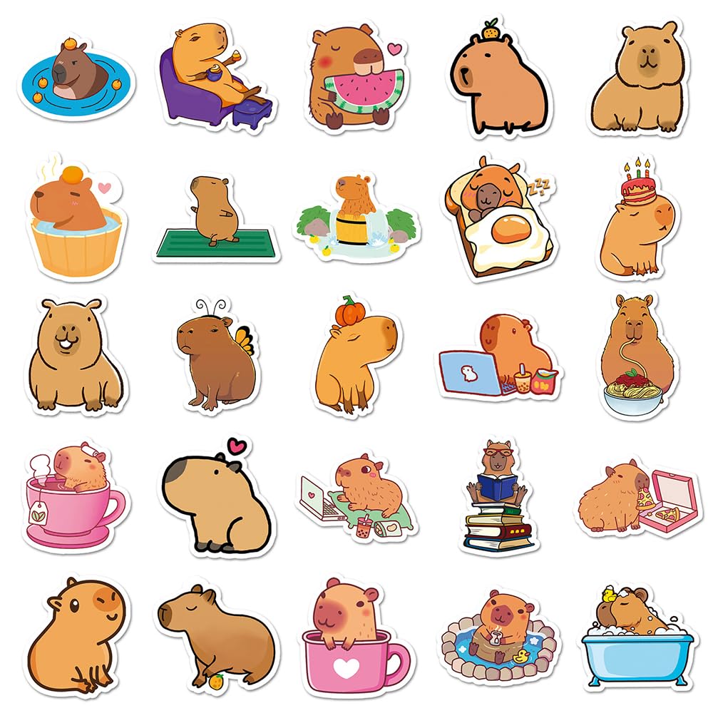 Playful Capybara Vinyl Stickers, 100 PCS Waterproof Illustrated Animal Decals for Laptops Scrapbooking, Journals, Notebooks - Image 2