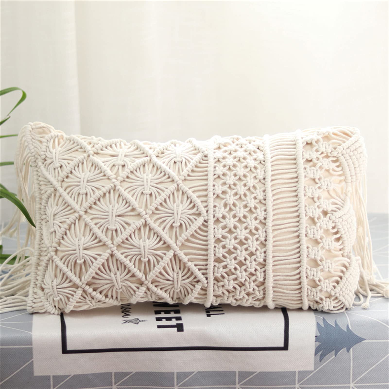 Icegrey Handmade Crochet Woven Boho Throw Pillow with Tassels 100% Cotton Farmhouse Cushion for Bed Sofa Couch Bench Car Home Decor, Beige 15, 12" x 20"