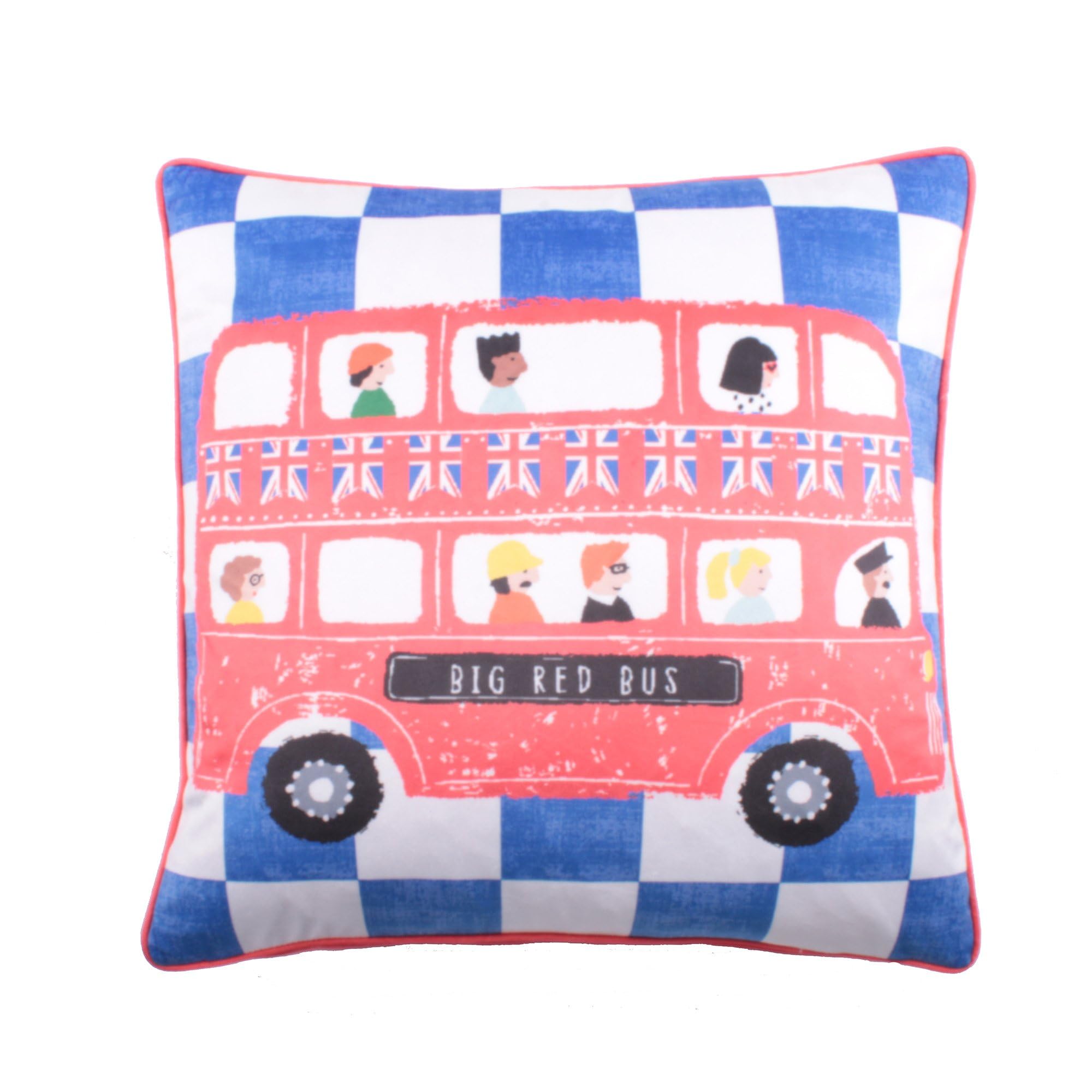 Bedlam - London Red Bus Cushion (43 x 43cm) - Soft Velvet - Reversible (2 Colours) - Filling/Insert Included - Super Soft Velvet Cushion with Bus - Bus Transport Themed Cushion in Blue/Red