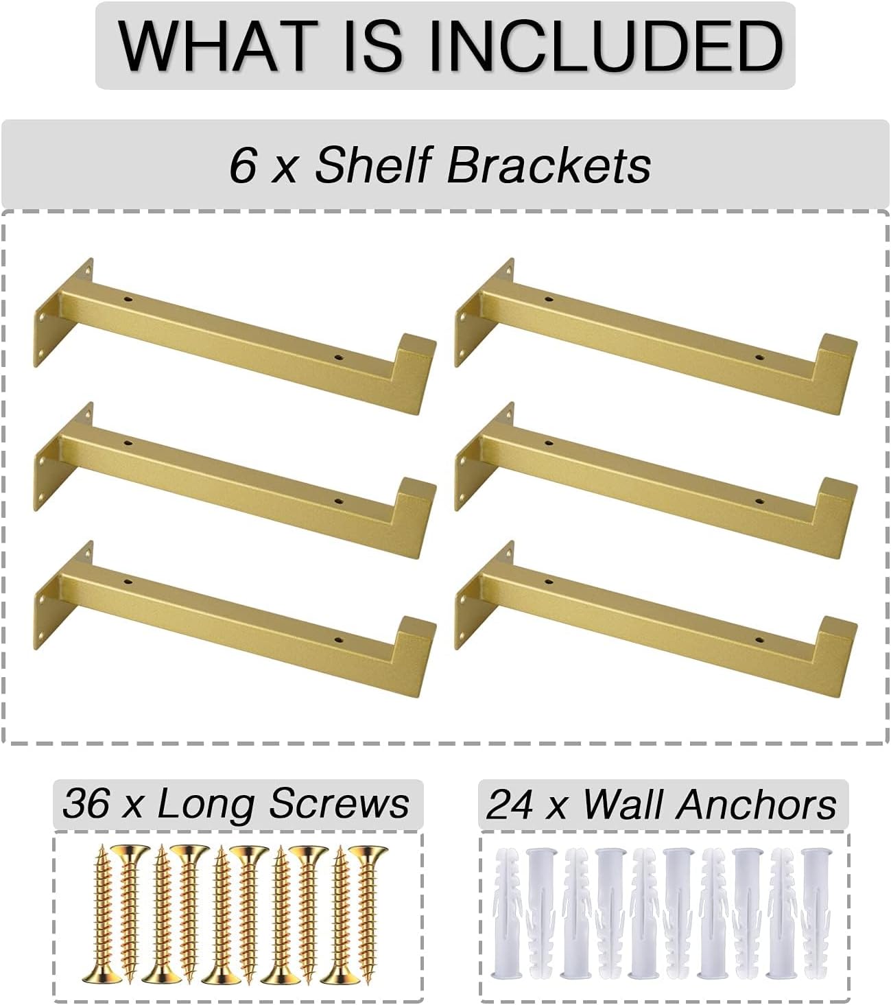 OVOV 6 Pack Gold Shelf Brackets 8 Inch Floating Shelf Bracket with Lip Industrial Shelving Brackets for Kitchen Bathroom Storage Wall Mounted Shelf Support with Screws