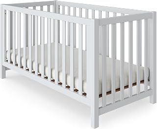 f27 Massivholz Babybett/Kleinkindbett, Massivholz Kinderbett für Jungen und Mädchen, mit hochwertigen Rollrost, Höhenverstellbar mit Schlupfsprossen, 70x140 cm (weiß (lackiert), 140 x 70 cm)