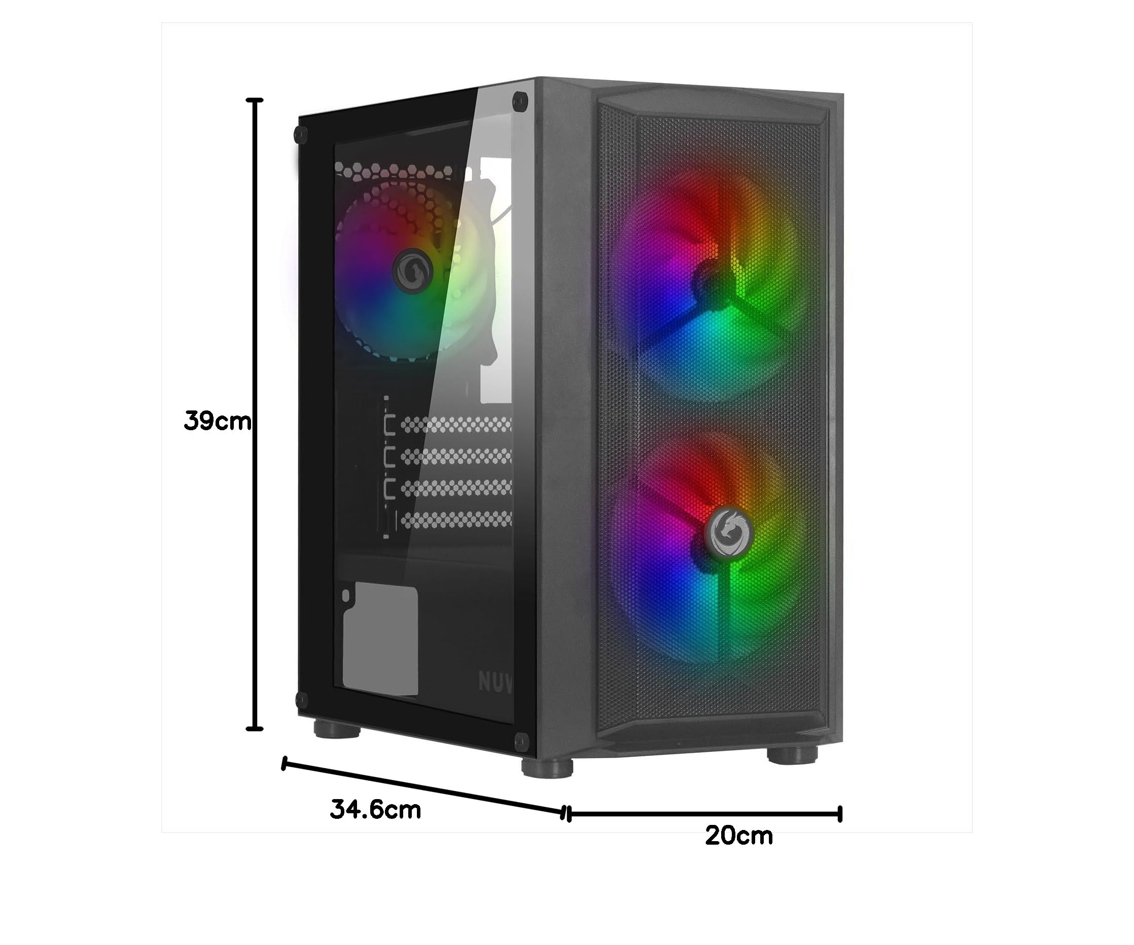 Nuwo Blitz R26 Nero Case Micro-ATX per PC Desktop Office Gaming Mini Tower 0.50MM SPCC 3 Ventole LED FRGB Illuminazione Arcobaleno Fissa Pannello Laterale in Vetro Temperato (AxPxL: 390x346x200 mm)