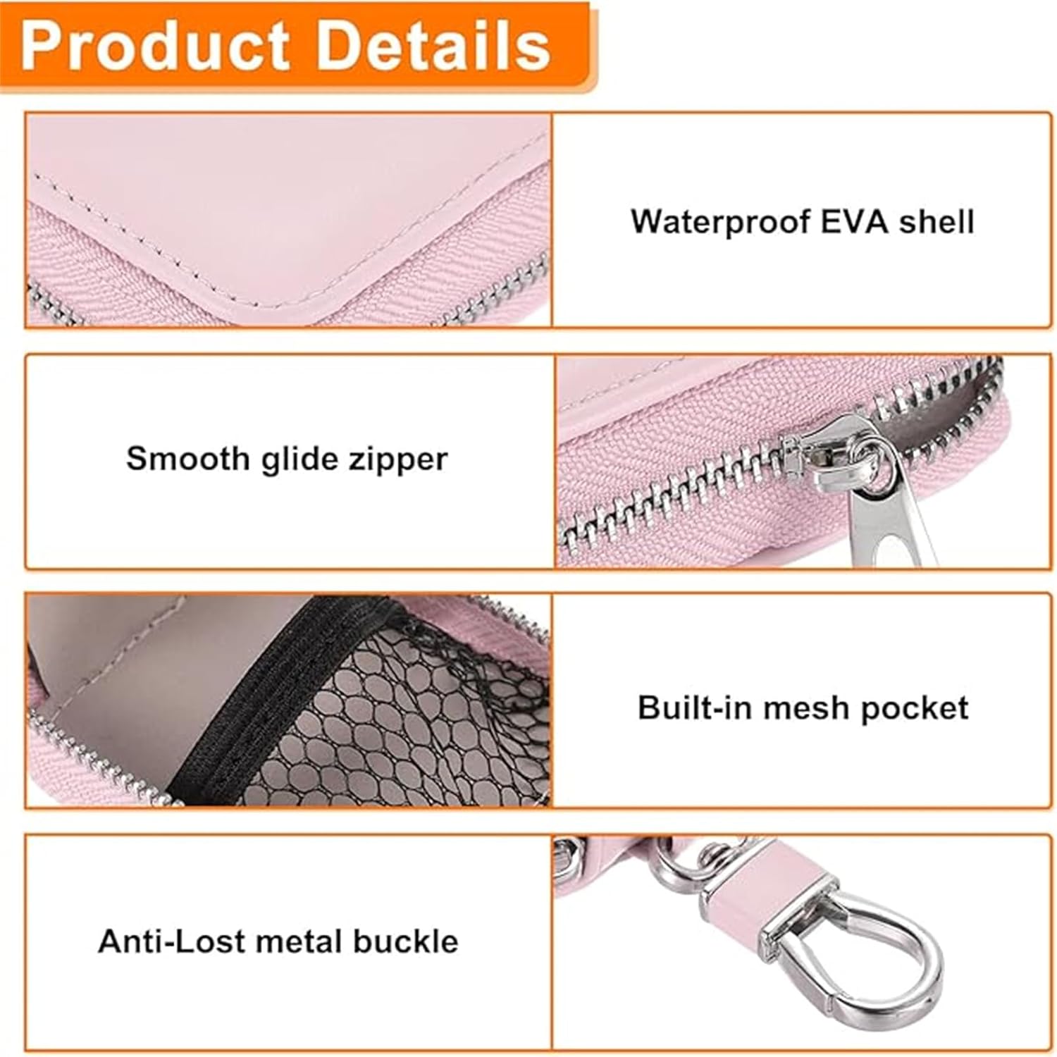 Earphone Case for AirPods 4/3/ 2/1/ AirPods Pro 3 with Carabiner, PU Leather Pouch Bag with Zipper, Travel Storage Bag for Wireless Earbuds, Wired Earphones and Charging Cables EB-Pink - Image 2