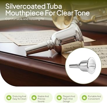 Silver Plated Tuba Mouthpiece for Beginners Brass Large Mouthpiece with 1.73 Inch Cup Diameter, Musical Instrument Accessory Gift for Music Lovers, 9.8cm Total Length