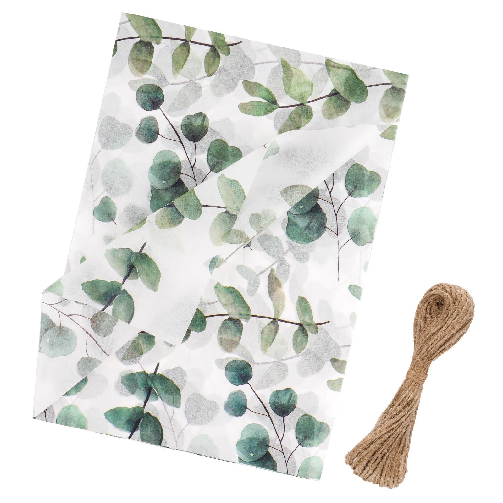30 Sheets Green Tissue Paper, 19.7 * 13.78 Inch, Printed Leaf Design with 10m Hemp Rope for Packaging, DIY, Craft, Birthday, Festival, Wedding Gifts
