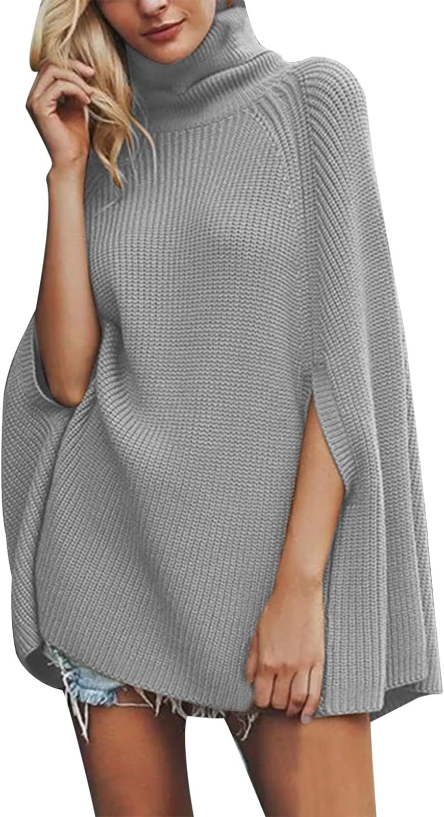 iLHWomens Solid Color Button Cloak Sweater Turtle Neck Batwings Knit Cape Sweater for Women Fall Winter Leisure Sweater