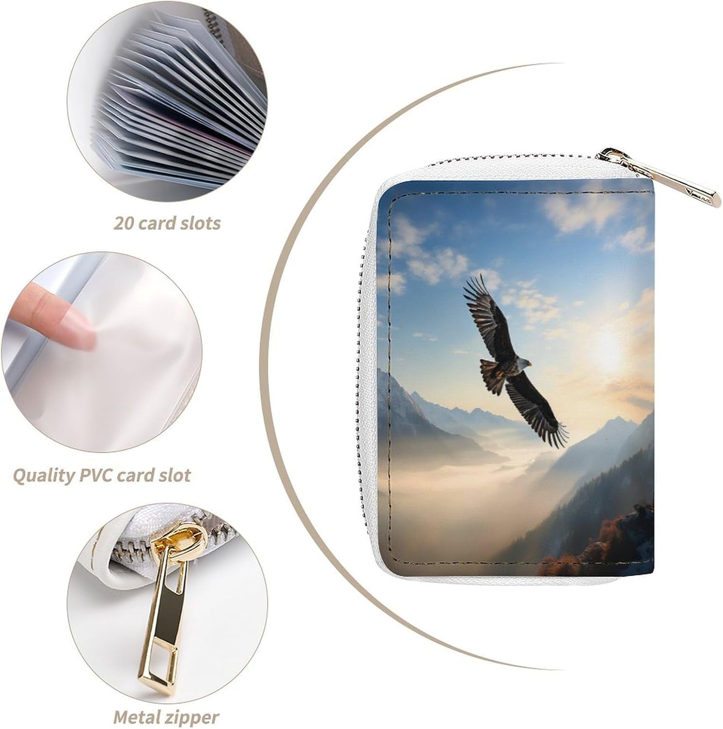 Leather Card Organizer Case Card Wallet Credit Card Holder Eagle Mountains Printed Zipper Card Cases Holder for Women Men