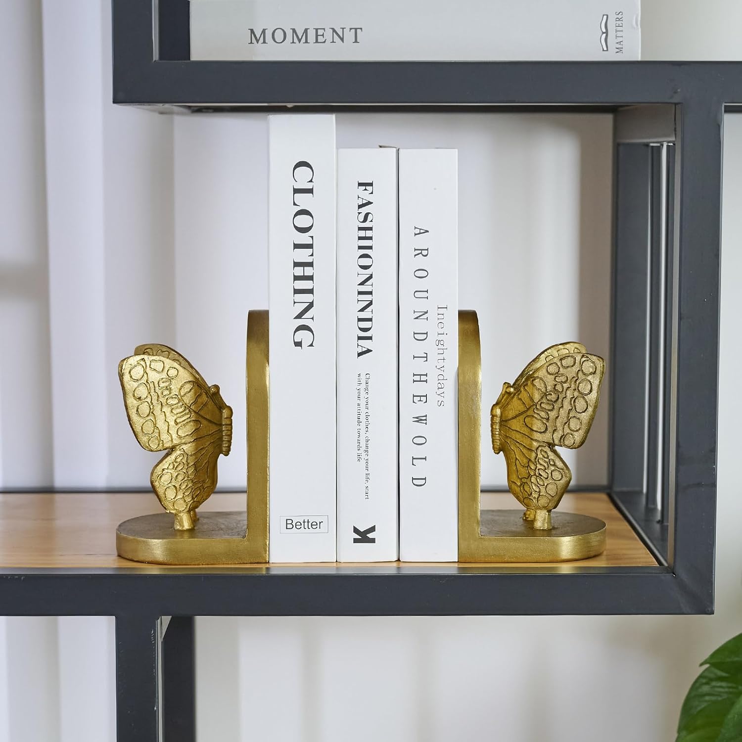 Gold Butterfly Book Ends for Shelves, Butterflies Statue Decorative Bookends for Heavy Books, Resin Book Ends with Non-Slip Felt Base for Home Farmhouse Shelves Office Lover Gift