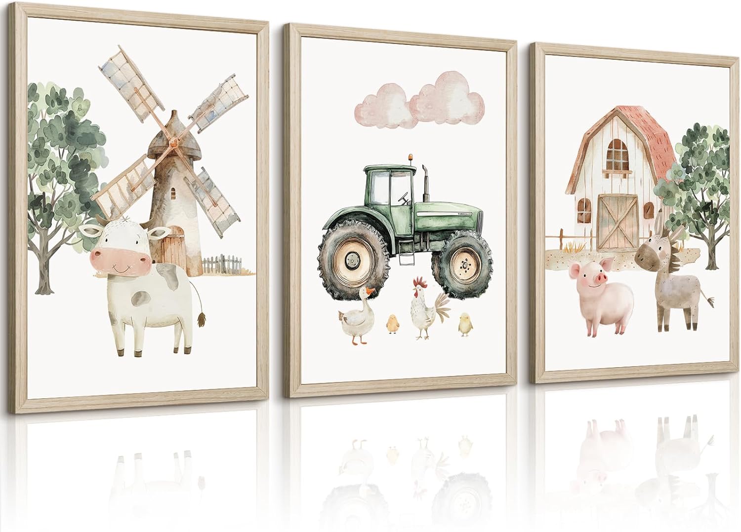 Nursery Farm Animal Wall Art Decor Baby Animal Canvas Prints Nursery Kids Farmhouse Poster Farm Cow Pig Pictures Wall Decor Green Tractor Painting Artwork for Children Bedroom 12x16 Inch Framed 3Pcs