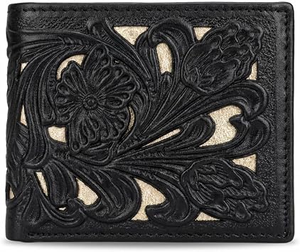 Mens Short Leather Wallet Laser Cut Floral Pattern Bifold in Multiple Colors Compact Western Wallet for Cowboys, Ranchers & Everyday Carry