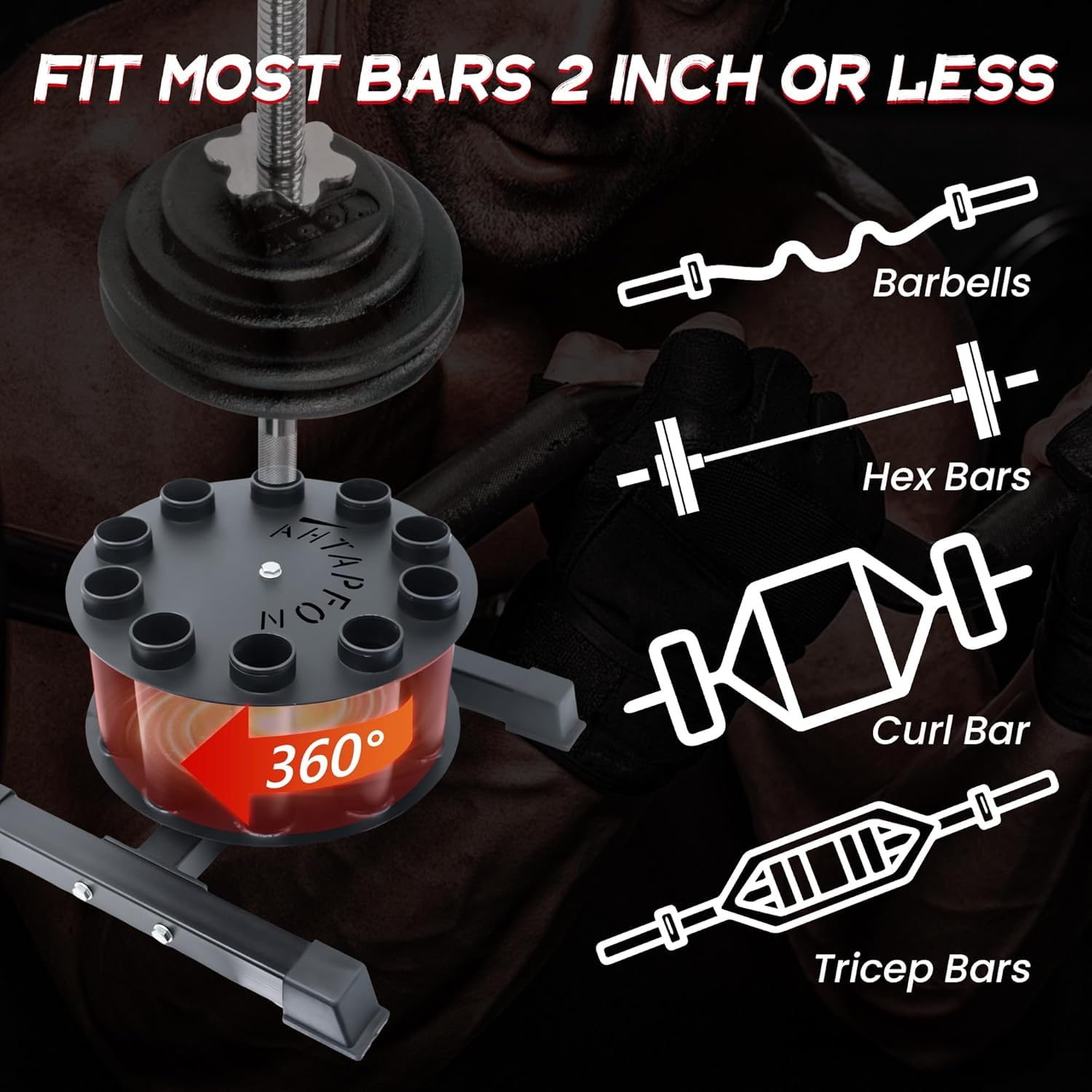 AHTAPFON Barbell Holder,Vertical Barbell Storage Rack Holds 5-10 Bars,360° Rotation Barbell Stand for Home Gym,Fits 2″ inch Olympic Bars,Curl Bars,Triceps Bars