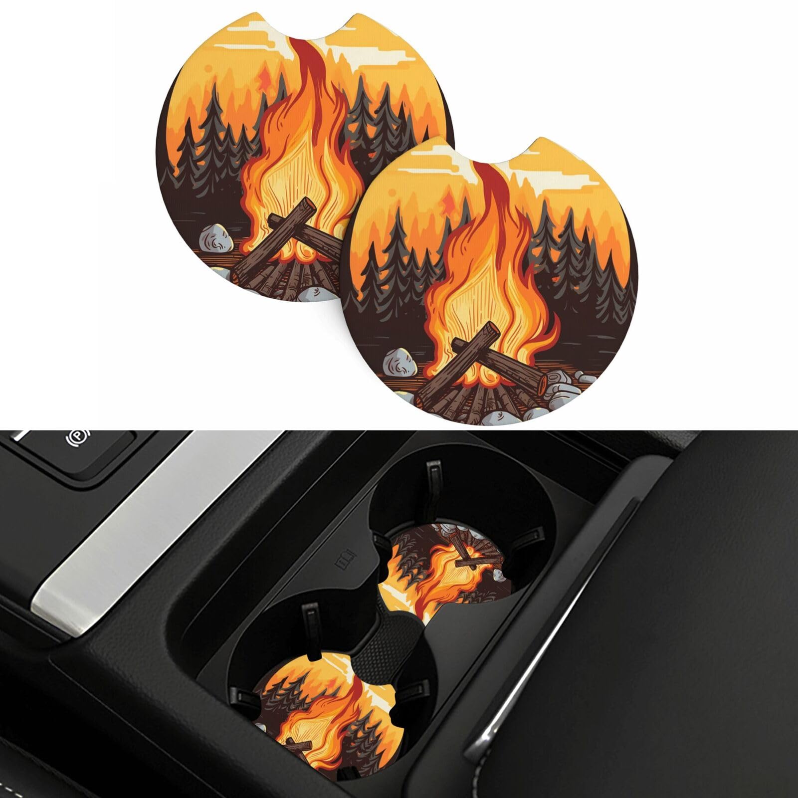 Bonfire Car Coasters 2 Pcs, Universal Non-Slip Rubber Car Cup Holder for Cup Holders, 2.75 Inch Neoprene Cup Pad Mat Coaster Car Interior Accessories for Women Men