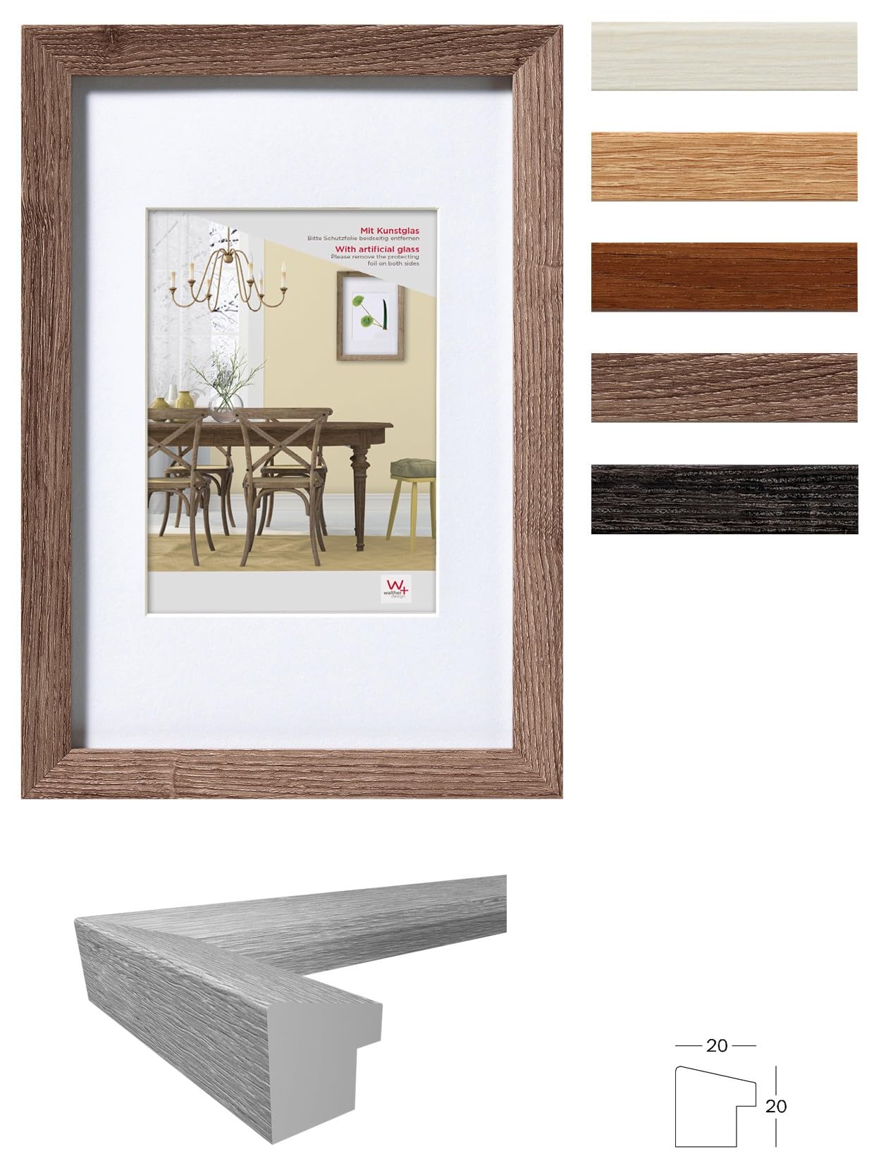 Walther Design Efx080D Fiorito Drewniana Ramka Na Zdjęcie Ciemnoszara 60 X 80 Cm Ze Sztucznym Szkłem I Passe-Partout