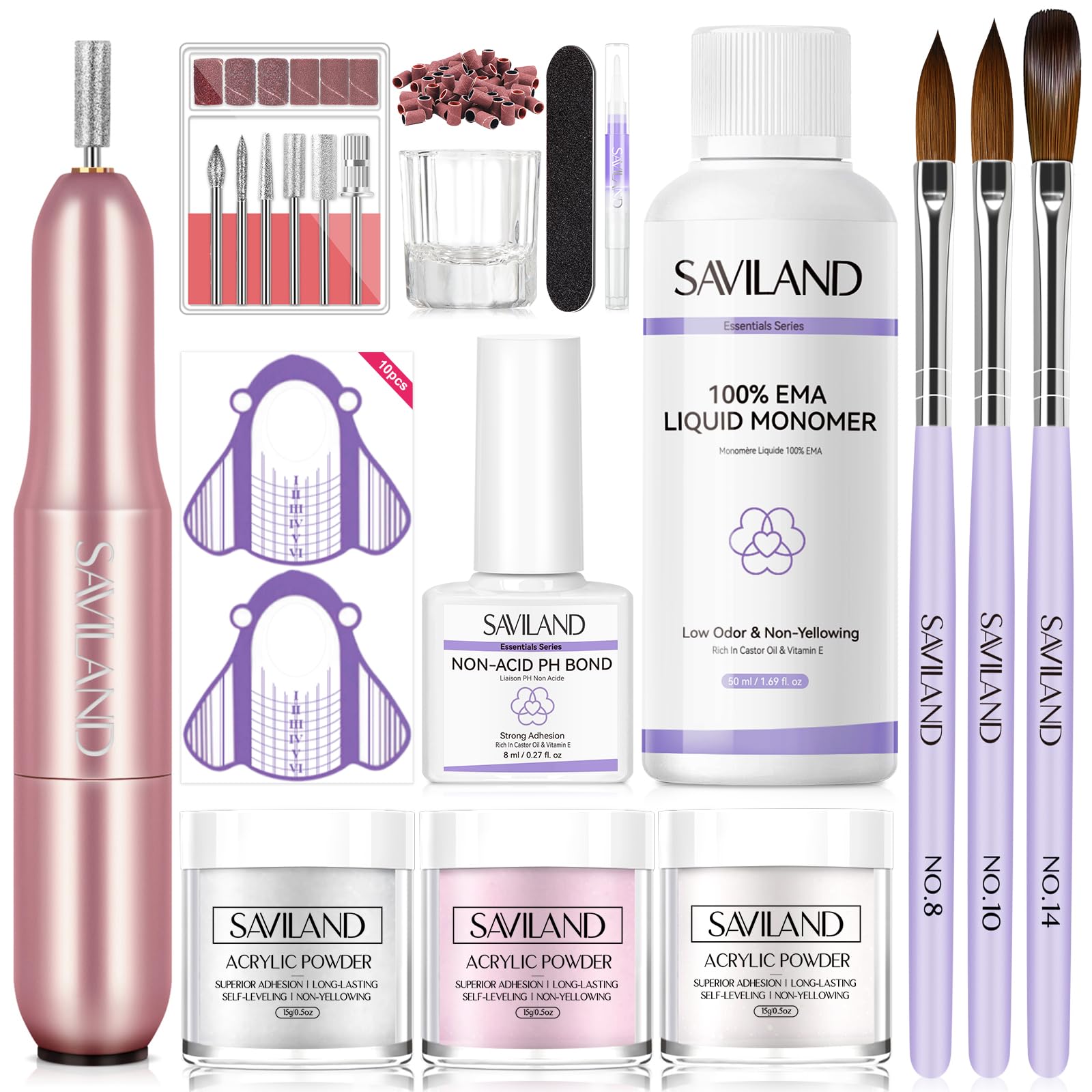 SAVILAND Essentials Acrylic Nail Kit with Drill: All-in-1 Nails Kit Acrylic Set Premium Acrylic Nail Set including Acrylic Powder and Liquid Set Acrylic Brushes for Beginners Extension Nail Art