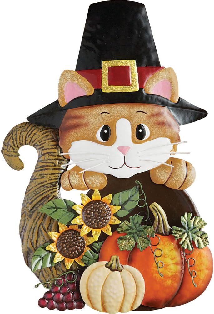 Collections Etc Fall Harvest Pilgrim Cat Hanging Door Decor