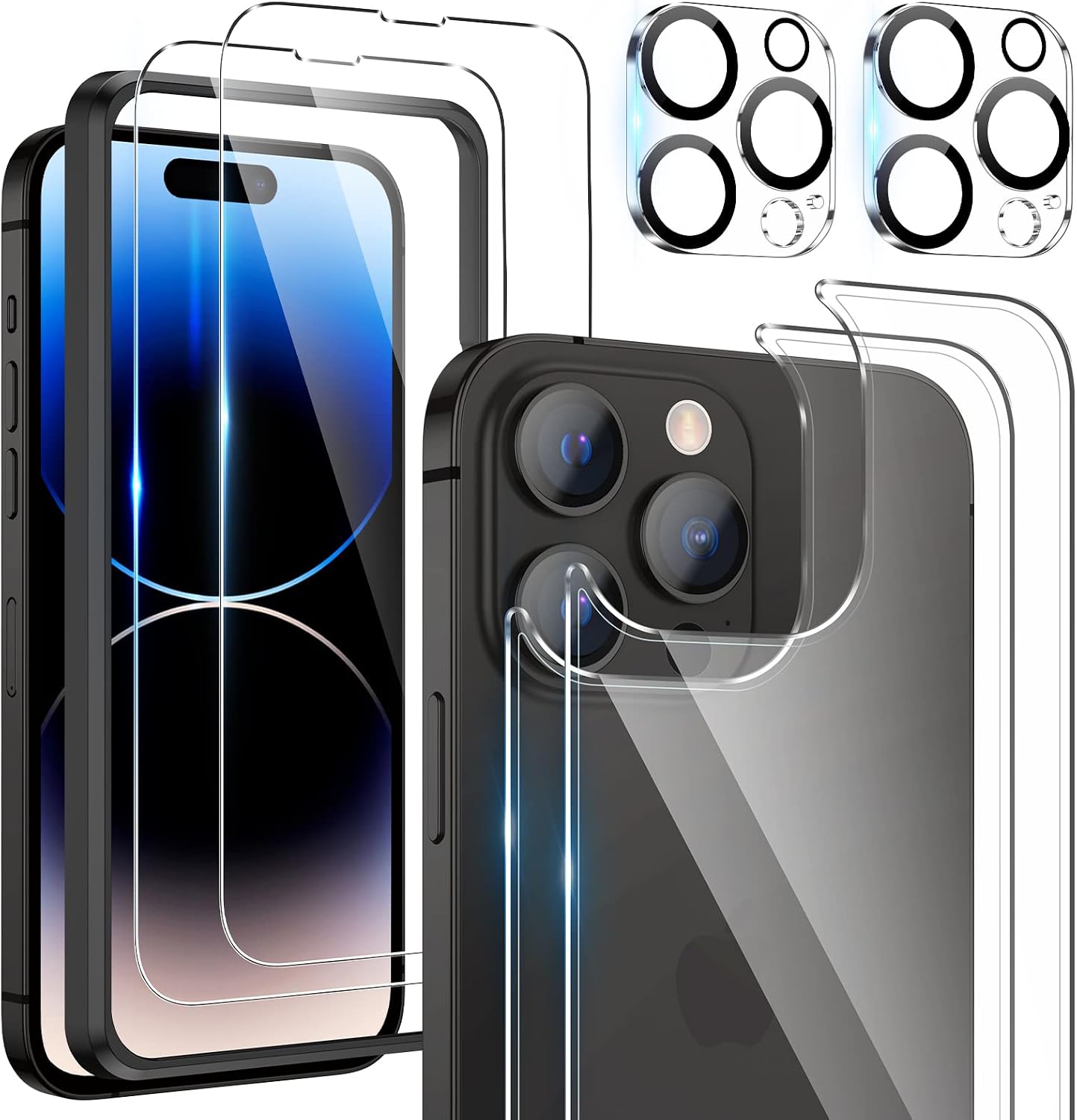 Maxdara [6 in 1] for iPhone 14 Pro Screen Protector(6.1 inches), 2 Pack iPhone 14 Pro Back Screen Protector with 2 Pack Camera Lens Protector and Front Screen Protector Glass, 9H Hardness, Ultra HD