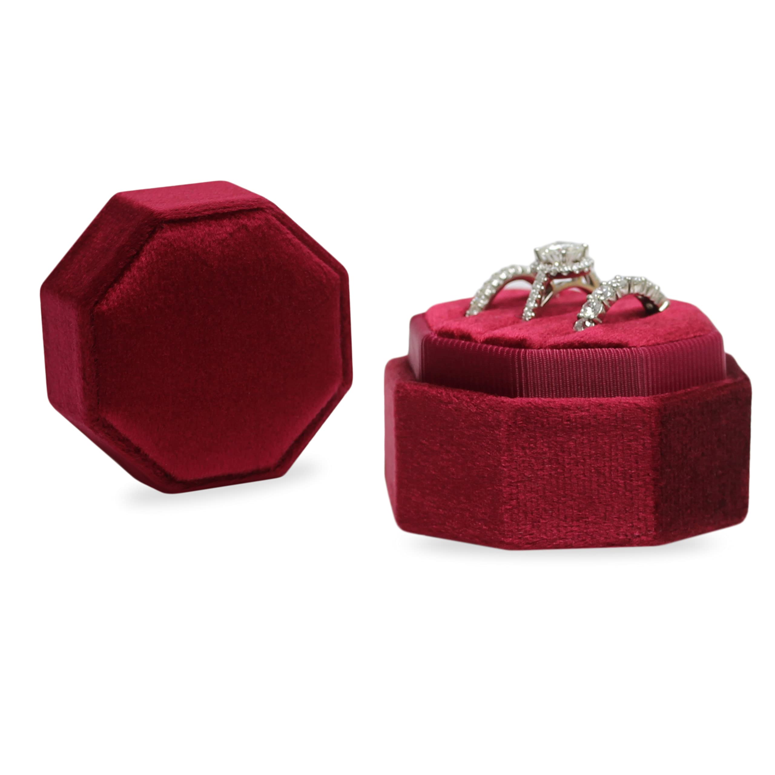 BLUTETE Velvet Ring Box, 3 Slots Jewelry Ring Gift Box Ring Display Holder Case for Wedding Ceremony Proposal Engagement (Red)
