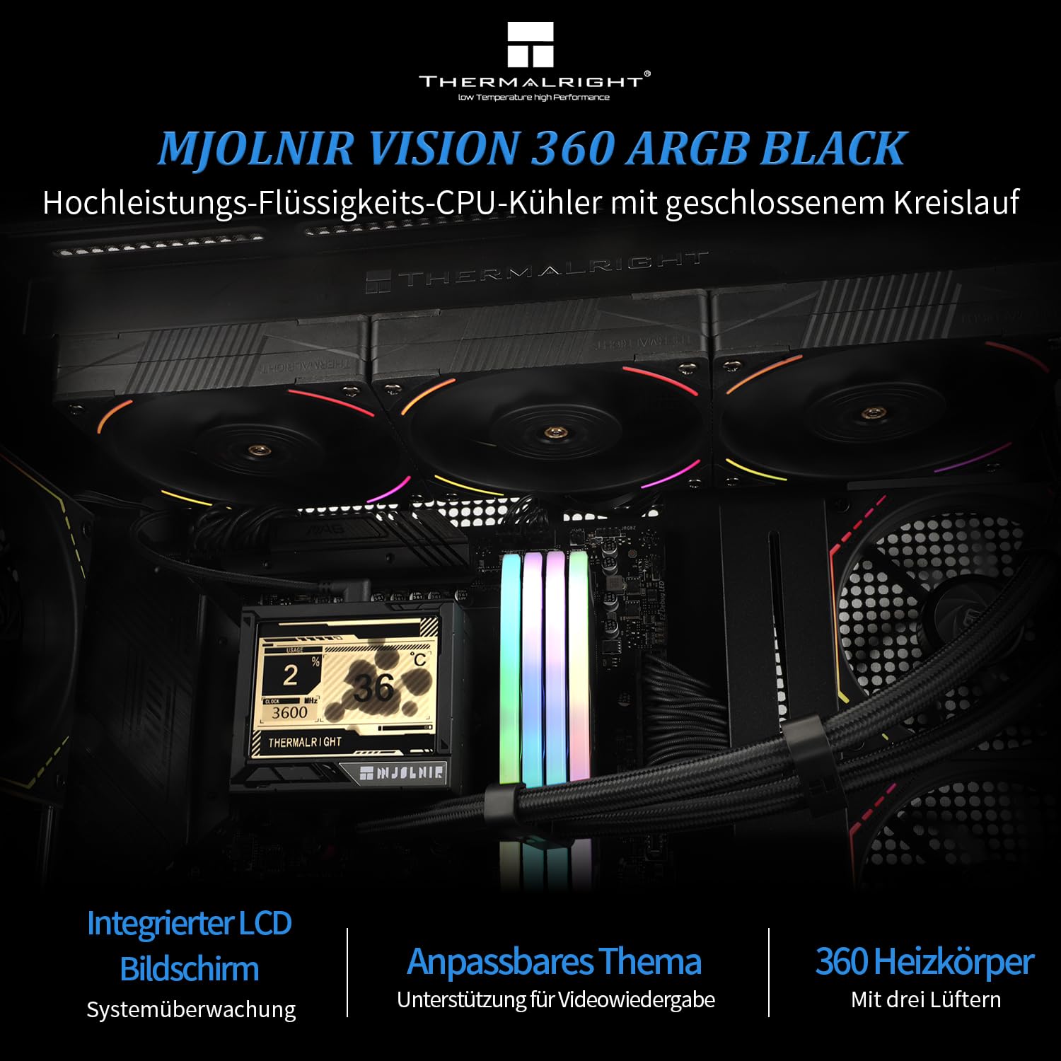 Thermalright Mjolnir Vision 360 ARGB Black-AIO CPU Liquid Cooler,Pantalla LCD IPS con resolución 320 * 240,para AM4/AM5 y LGA1700/1851,'3.5 inch'Pantalla LCD con imán para imágenes