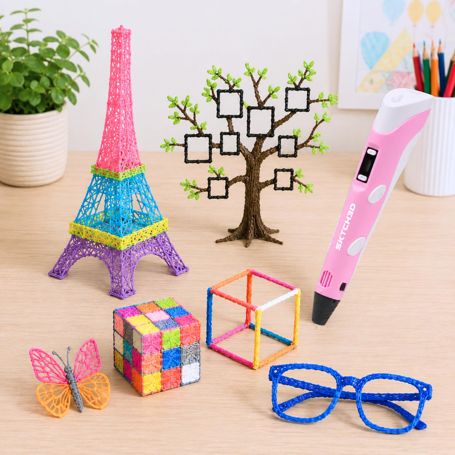 3D Pen con 50m di filamento PLA – Set iniziale professionale per penna 3D con 10 colori, adattatore USB, libro di modelli e istruzioni – Penna 3D per creativi, fai da te e disegno in 3D (Rosa