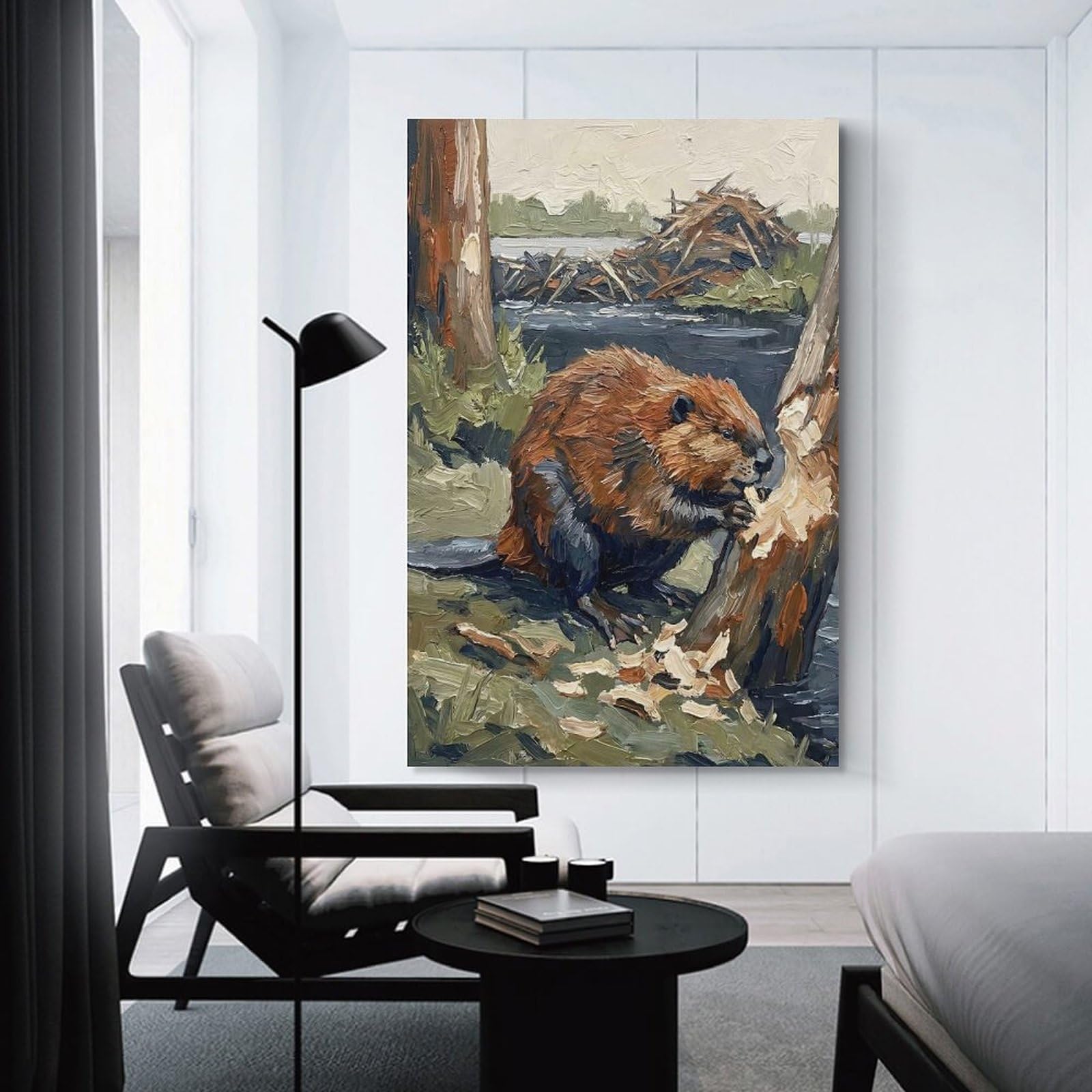 Junmoney Beaver Gnawing on A Tree Trunk Canvas Wall Picture 16x24inch(40x60cm), for Entryway, Lounge Links Or Small Walls, Decorative Canvas Styling for Entry Areas