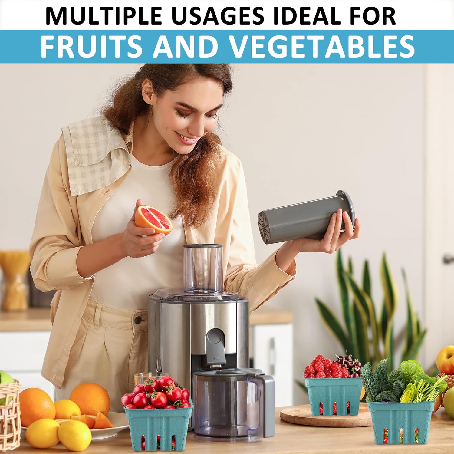 300 Pcs Green Molded Pulp Fiber Berry Baskets Berry Basket Bowl Produce Vented Container Farmhouse Berry Baskets for Vegetable Food Farmer Market Grocery Stores, 4.3 x 4.3 x 3 Inch