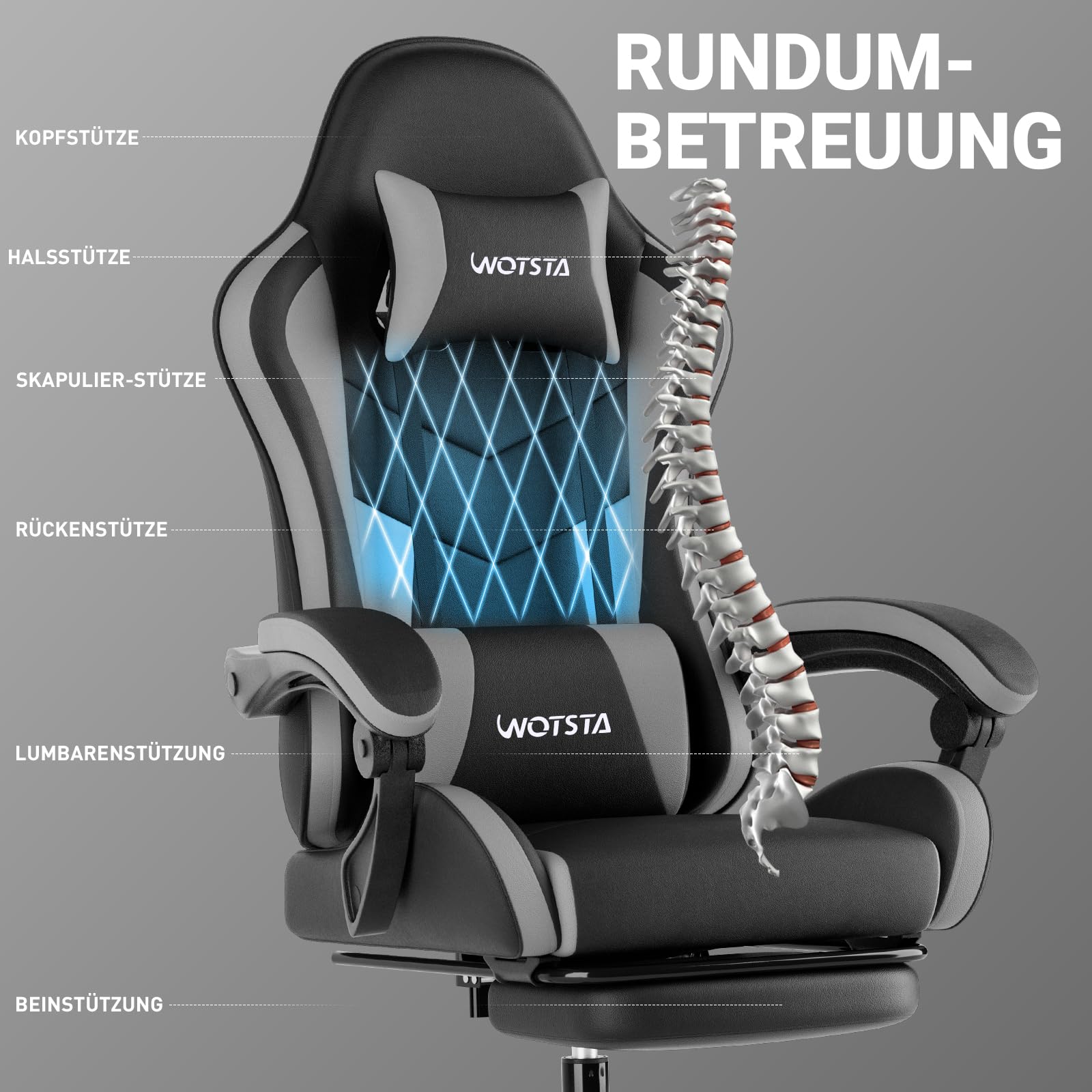 Gaming Chair Computerstuhl Ergonomischer Gaming Stuhl mit Fußstütze Bürostuhl Ergonomischer Computerstuhl mit Lendenwirbelstütze (BLKGY)