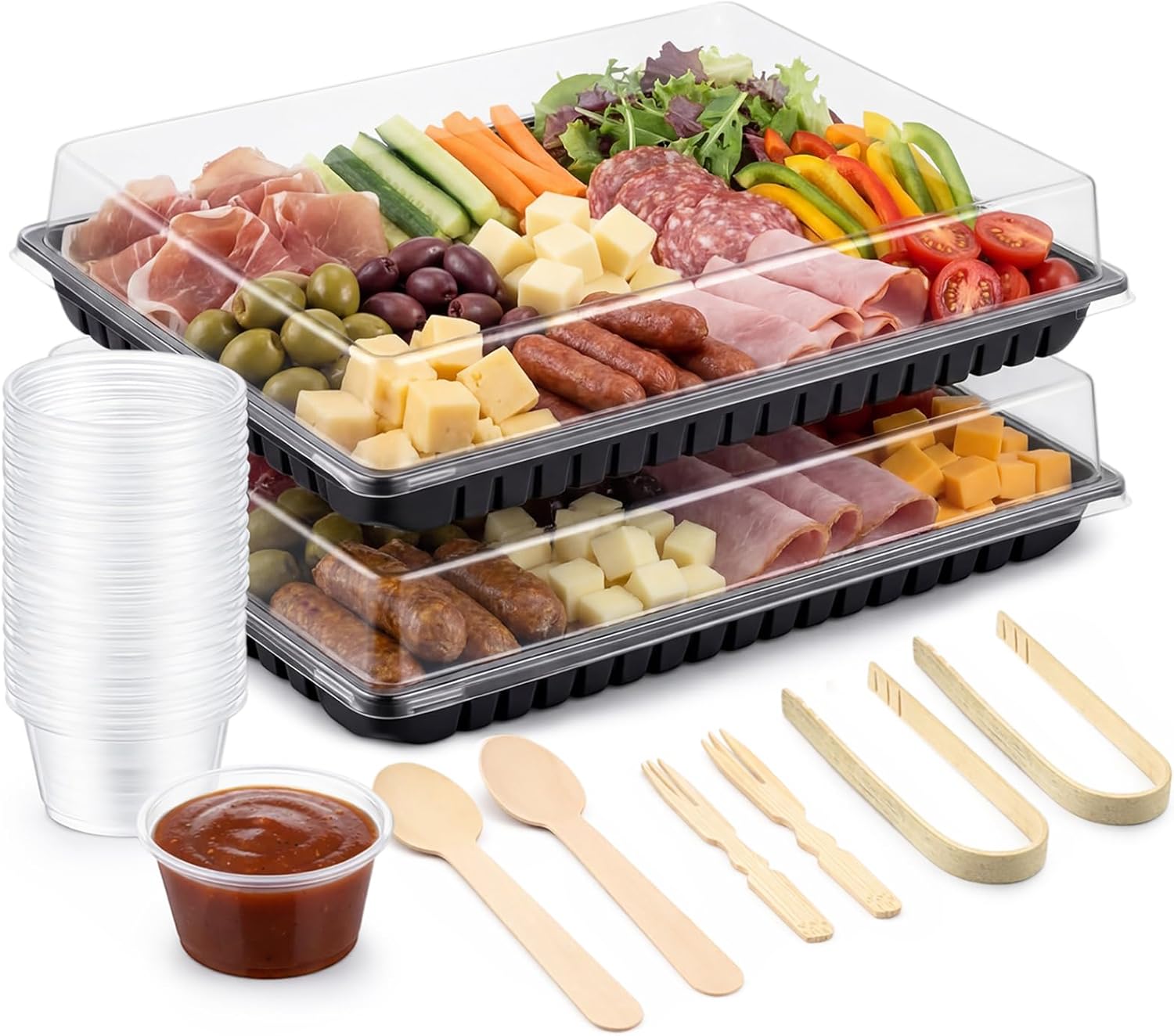 Shellwei Disposable Charcuterie Board Accessories 2 Pack 15 x 10 Inch Charcuterie Board with Lid 10 Mini Serving Tongs 20 Spoons 100 Forks 50 Toothpick Flags 10 Bowls for Butter Cheese Jam Appetizer
