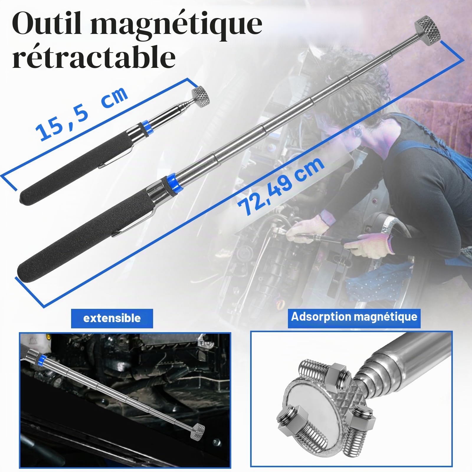 Lot de 17 Crochets de mécanicien et Outils de crochetage avec Pince de Retrait Automatique de Rivets, extracteur de Rivets télescopiques magnétiques pour réparation Automobile