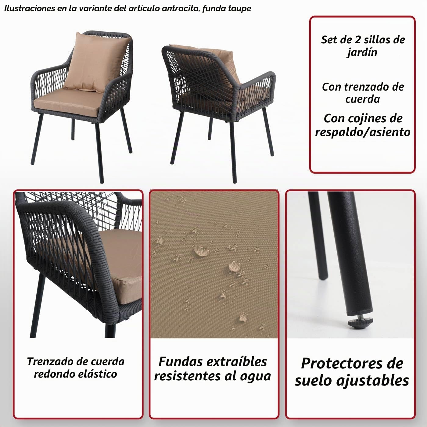 Mendler Juego de 2 sillas de jardín HWC-O12, cojín para asiento y respaldo de exterior, cuerda trenzada de aluminio, color gris, funda gris