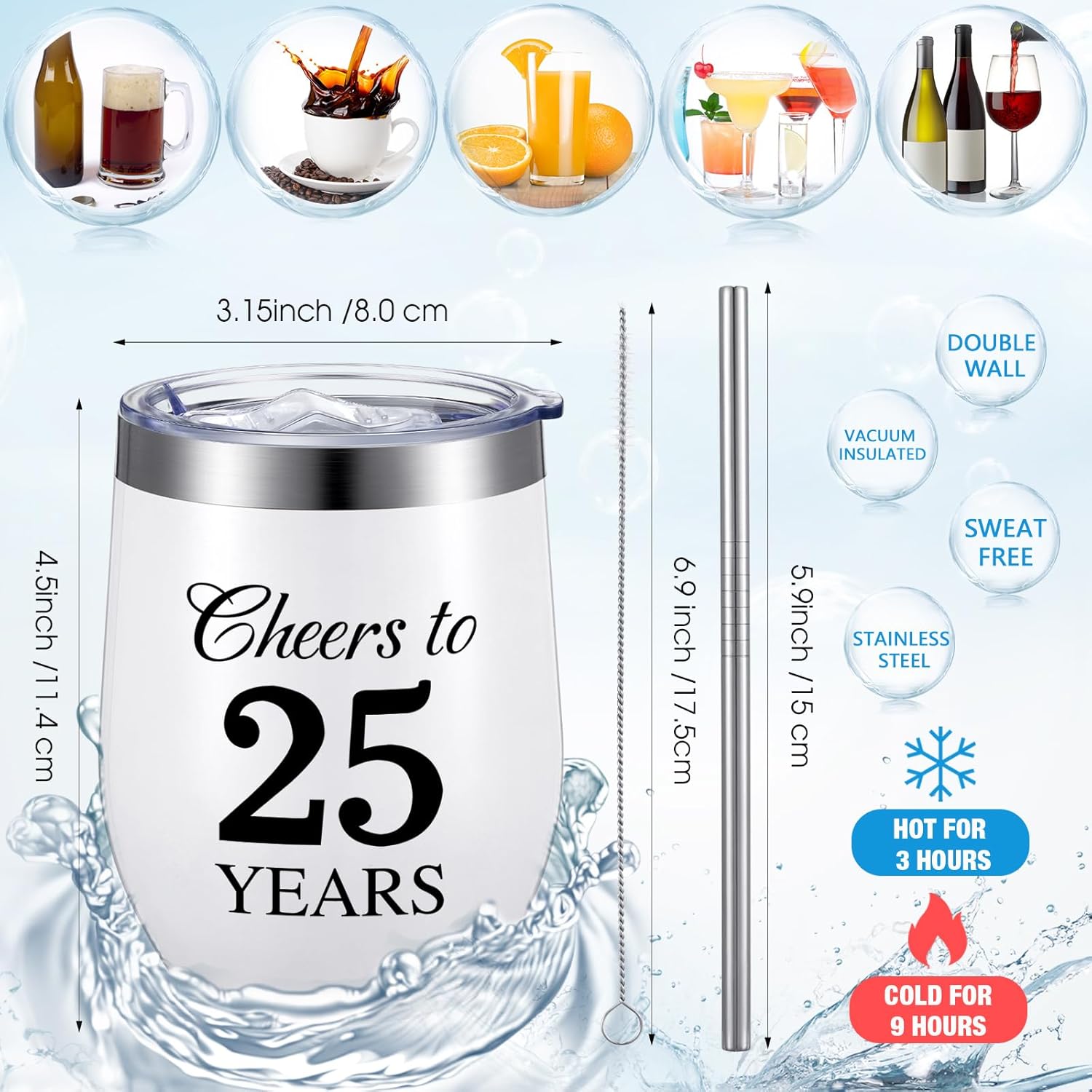 Domensi 2 Pcs 25th Anniversary Wedding Gifts Tumblers Cheers to 25 Years Cups for Wife Husband Parents Couple Birthday Party Gifts for Men Women 12 oz Tumblers with Lids and Box - Image 2