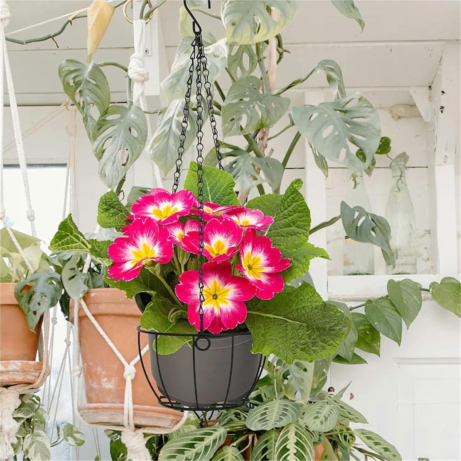 2 pcs Metal Hanging Planter Basket Round Wire Plant Holder with Chain for Indoor Outdoor Garden Balcony Porch Flower Pots Hanger for Planters