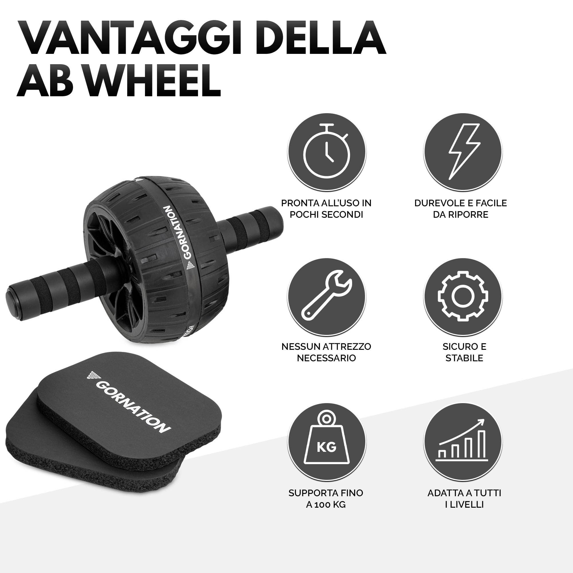 GORNATION Ruota Addominale Professionale, Rotella Addominali, Ruota per Addominali, Ab Roller con Ginocchiere, Strumento per Rafforzare il Core e gli Addominali, Design Stabile e Resistente,