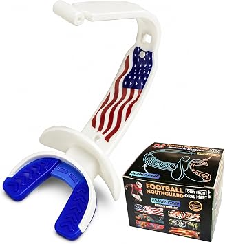 ORAL MART 2026 Youth Football Mouthpiece for Kids - Football Pacifier Mouth Guard with Graphic Permanent Strap Dual-Color - Lip Guard Mouth Guard for Braces - Instant Fit No Boil