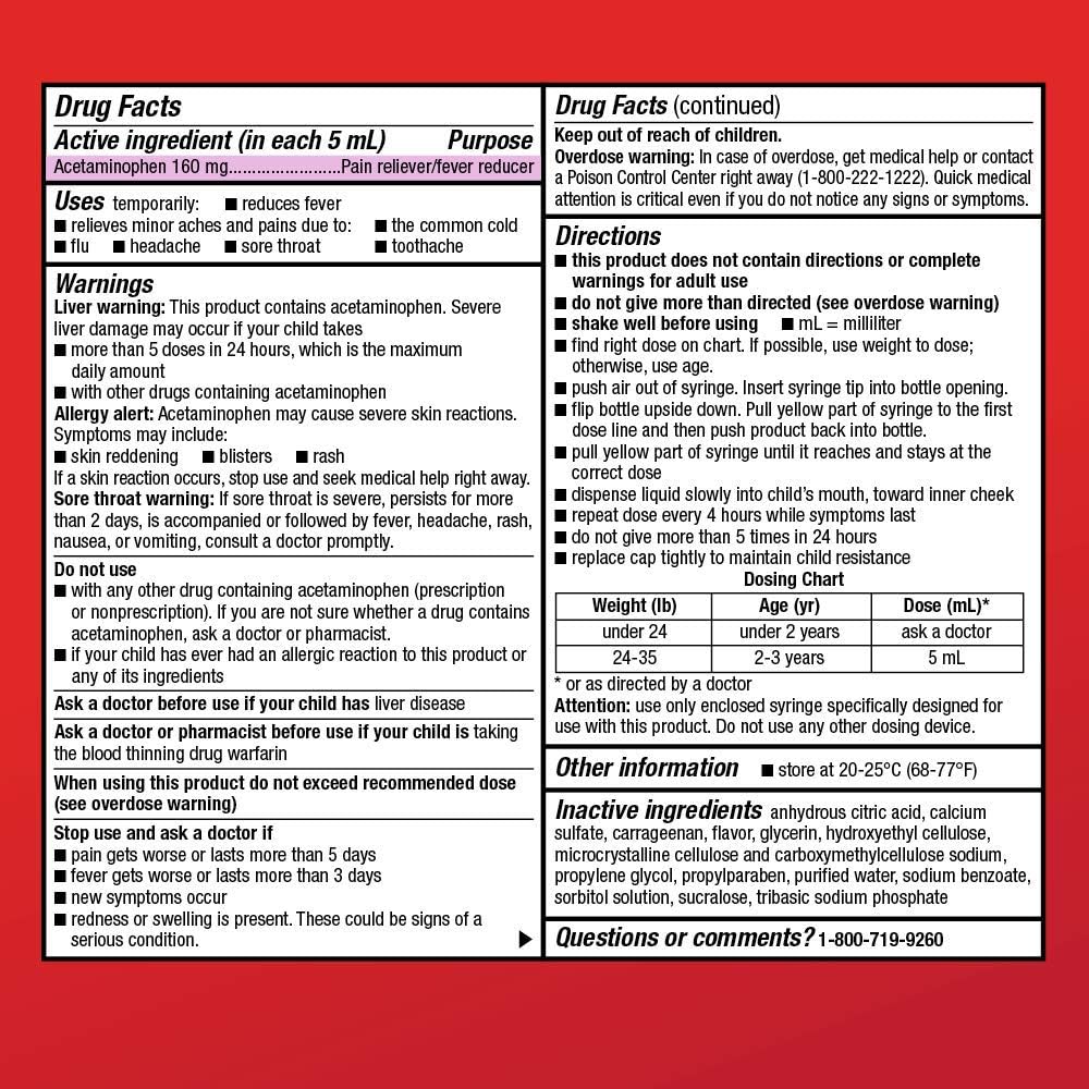 Amazon Basic Care Infants' Pain & Fever, Acetaminophen 160 mg per 5 mL, Suspension Liquid, Dye-Free Grape Flavor, 2 Fluid Ounces