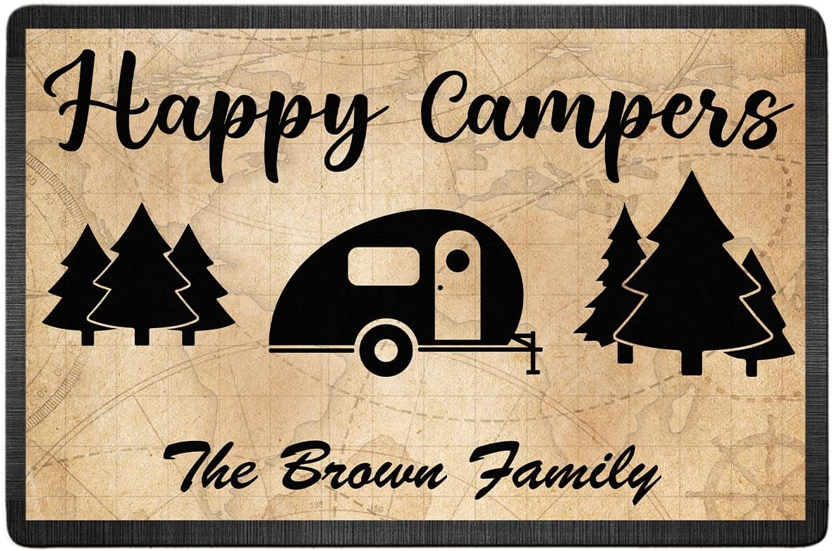 Personalized Happy Campers Doormat - Custom Family Name and Rv Camping Door Mat, Accessories for Inside Outside, Campsite Decor Travel Trailers, Decorative Gift Welcome Motorhome Rugs, 16 x 24 inches