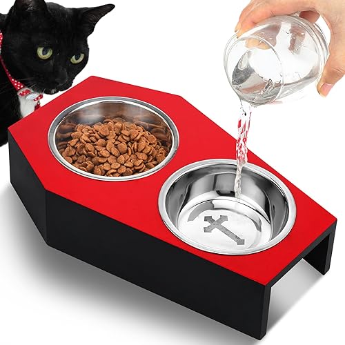Teenyyou Gothic Cat Food Bowls 5° Raised Elevated Wooden Coffin Cat Bowl for Indoor Kitty Feeder Stand with 2 Stainless Steel Food Water Supplies for Halloween Christmas Animal Lovers Gift