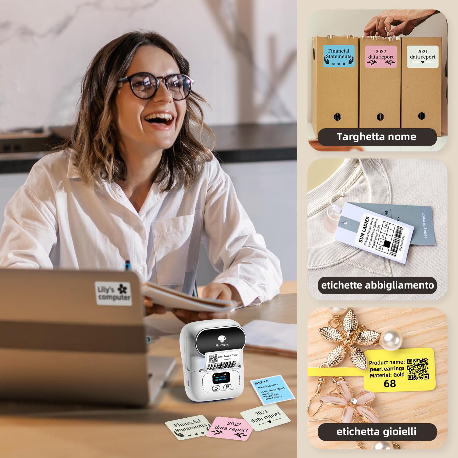 Phomemo Etichettatrice M110 Bluetooth Stampante Etichette Adesive, Stampante Termica Portatile Compatibile con iOS Android e PC, per Piccole Imprese, Negozio, Logo, Cucina, Indirizzo,Negozio