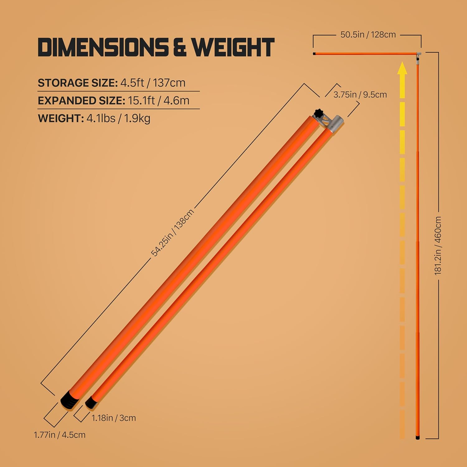 Vergo Industrial 15 FT Load Height Measuring Stick – Standard & Metric Measurements, Compact Adjustable Height Stick with Carrying Bag – Measure Height Stick for Trucks, Trailers, Car Haulers & More